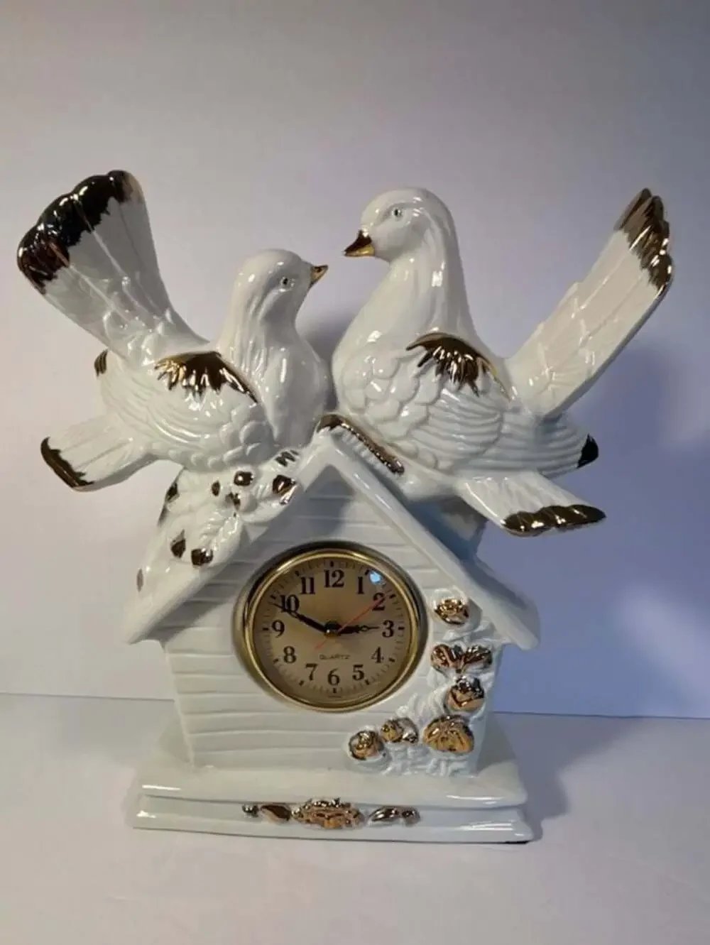 Vintage Eleco White Ceramic Mantel Clock with Love Birds Doves and Gold Trim